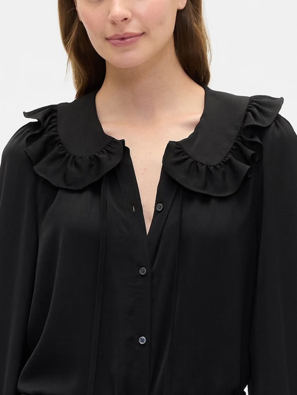 NWT - GAP Black Relaxed Satin Ruffle Trim Top with Baloon Sleeves - Size M